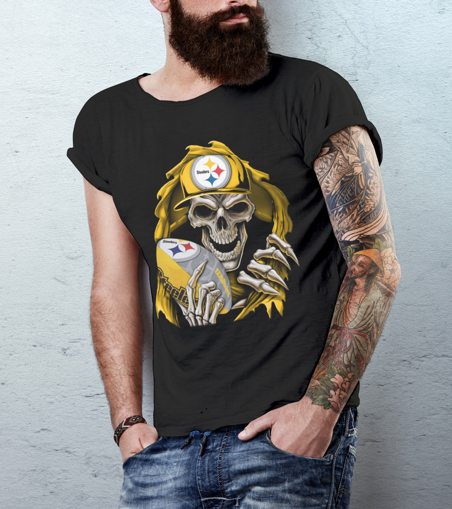 Skullbong Steelers Skeleton With Football And Cap T-Shirt
