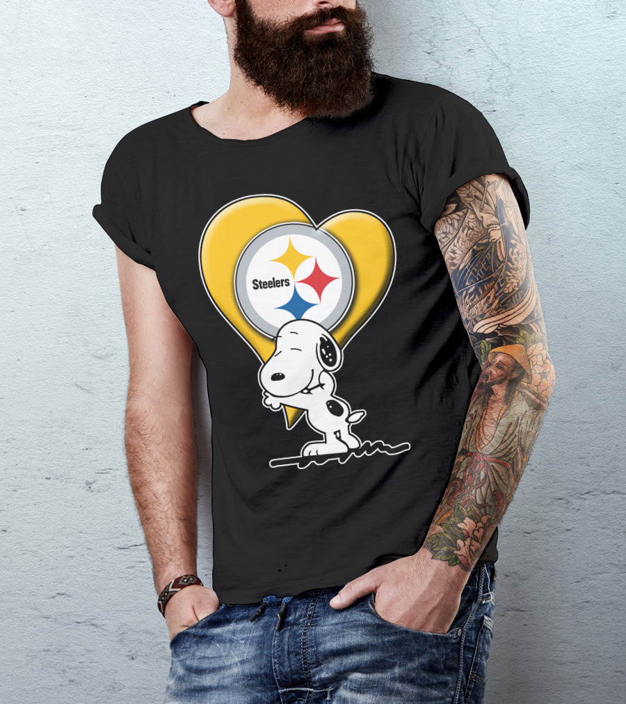 Snoopy Hugging Heart Steelers Logo Pittsburgh Steelers Fan Gear T-Shirt