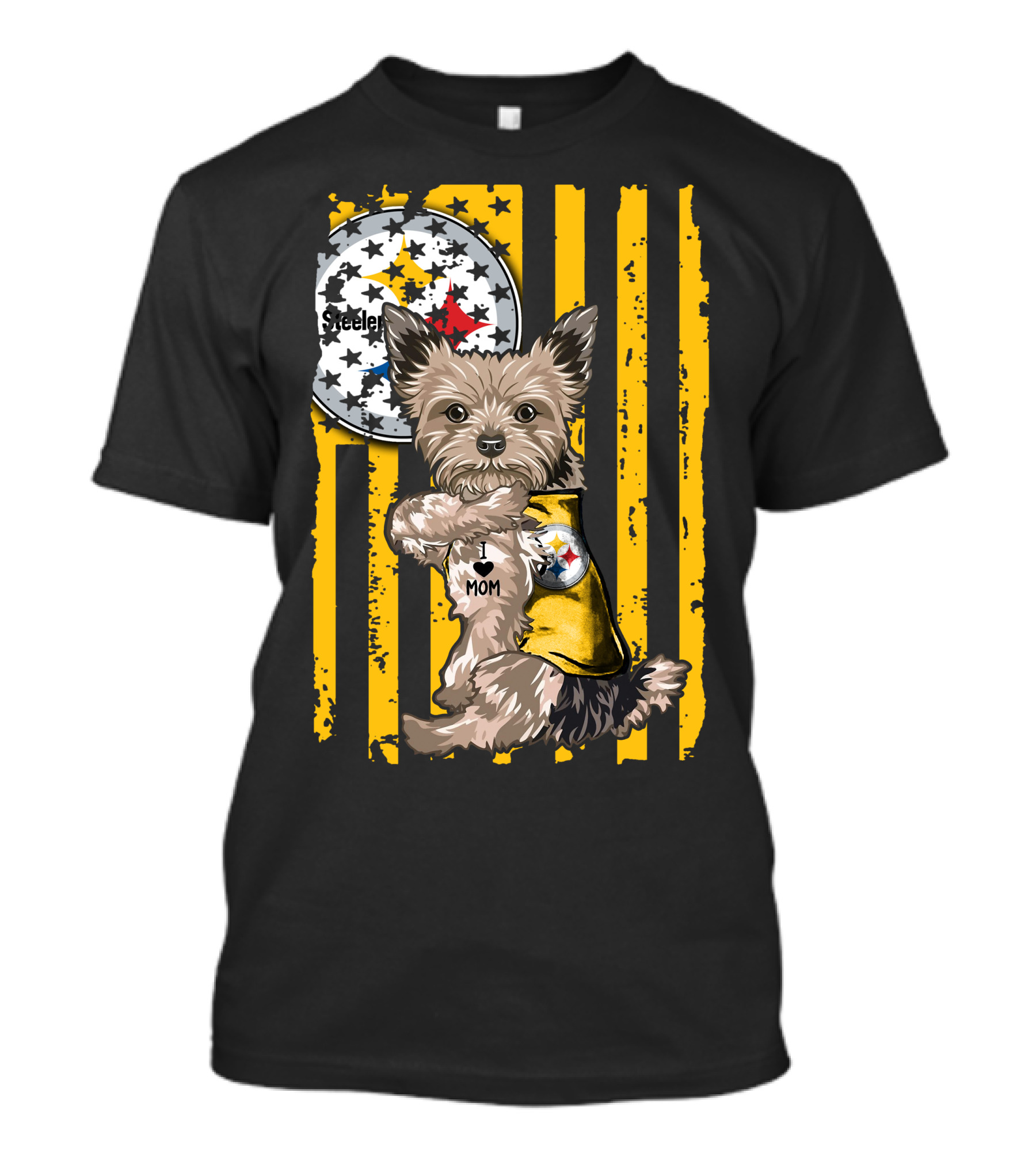 Yorkshire Terrier I Love Mom Pittsburgh Steelers Fan Stripes T-Shirt