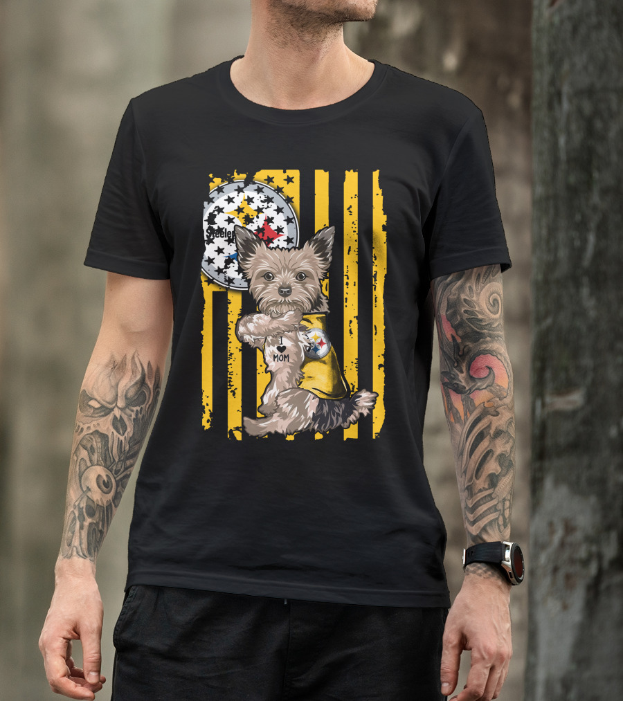 Yorkshire Terrier I Love Mom Pittsburgh Steelers Fan Stripes T-Shirt