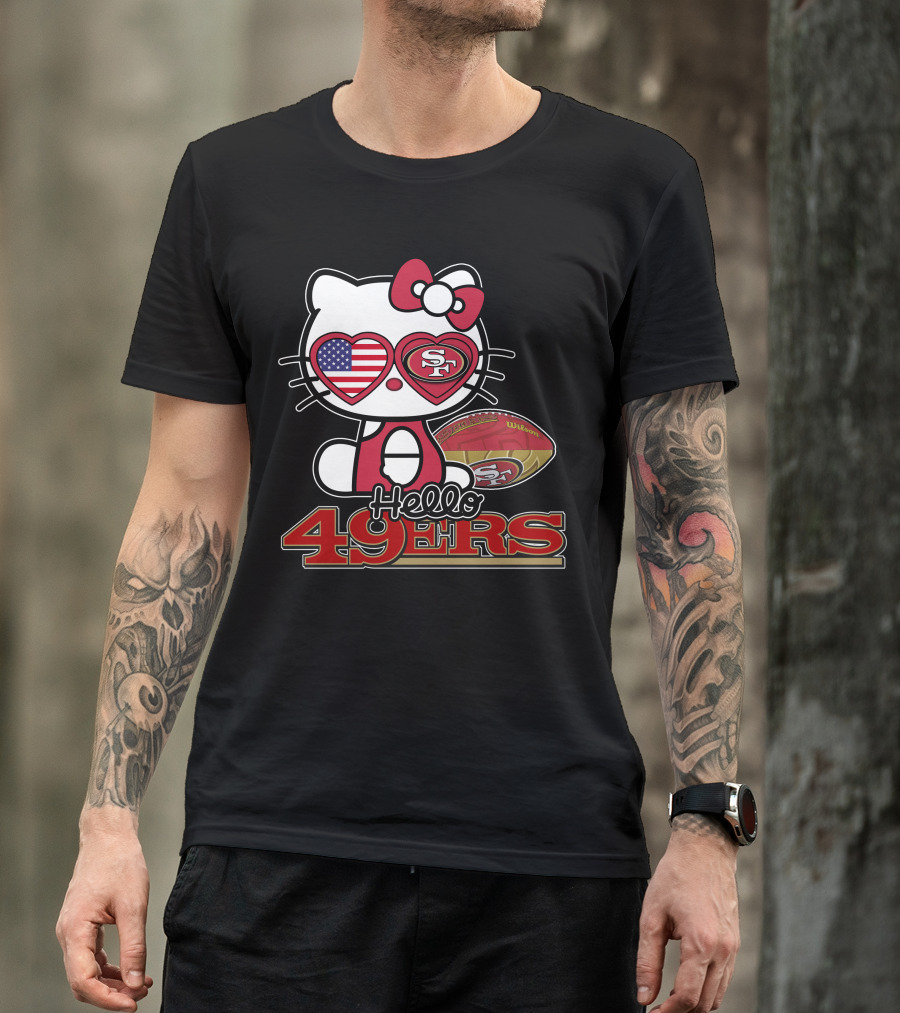 Hello Kitty San Francisco 49ers Football American Flag Hearts T-Shirt