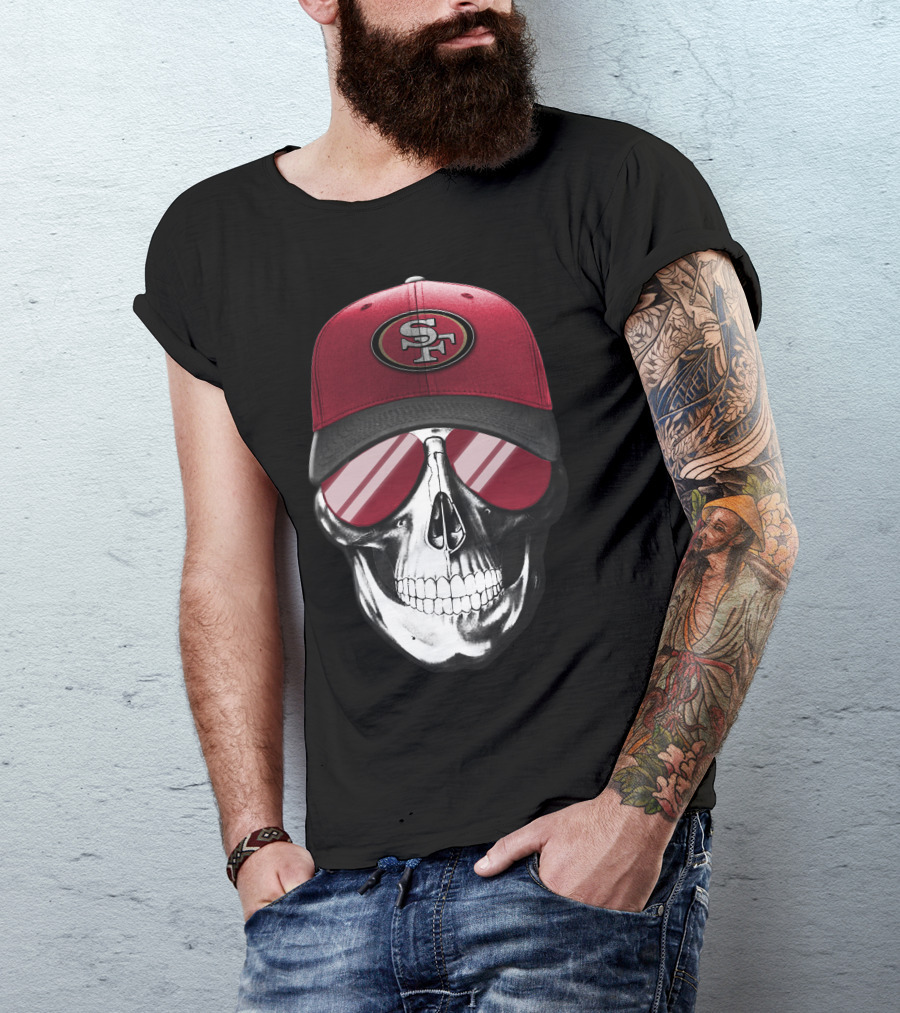 Skull V7 San Francisco 49ers SF Logo Hat And Sunglasses T-Shirt