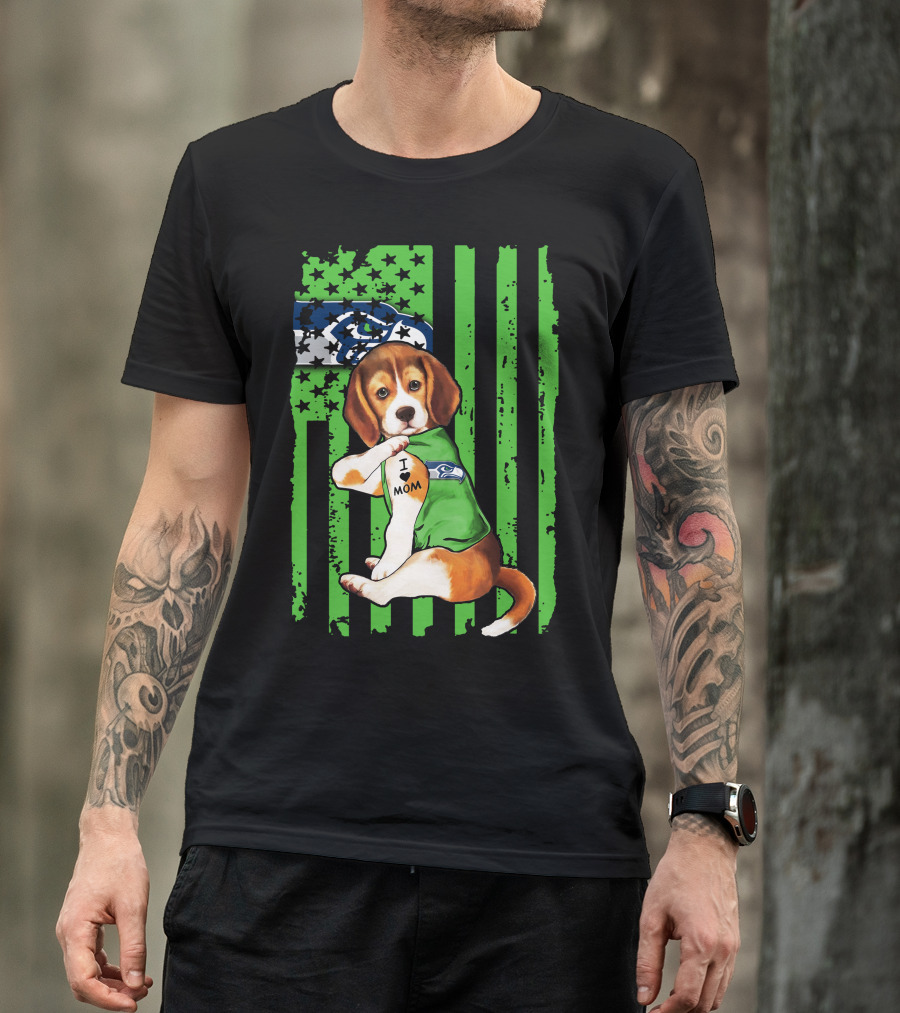 Seattle Seahawks Beagle With I Love Mom Tattoo T-Shirt