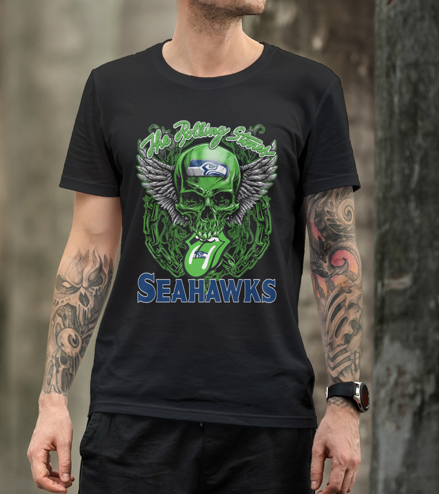 The Rolling Stones Seahawks Skull With Wings And Logos T-Shirt