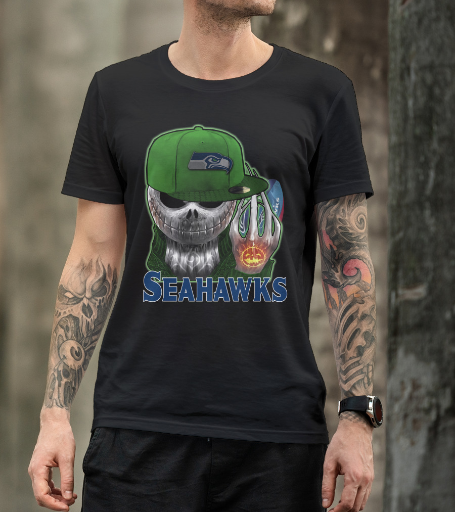 Jackskull In Green Cap Holding Pumpkin Seattle Seahawks T-Shirt
