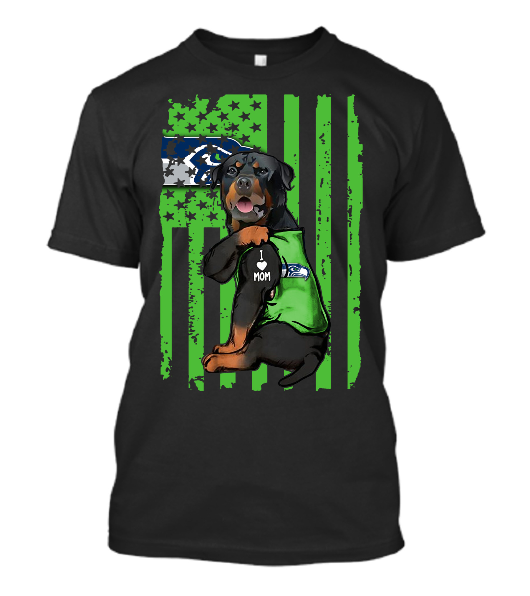 Rottweiler I Love Mom Seattle Seahawks Green Flag T-Shirt