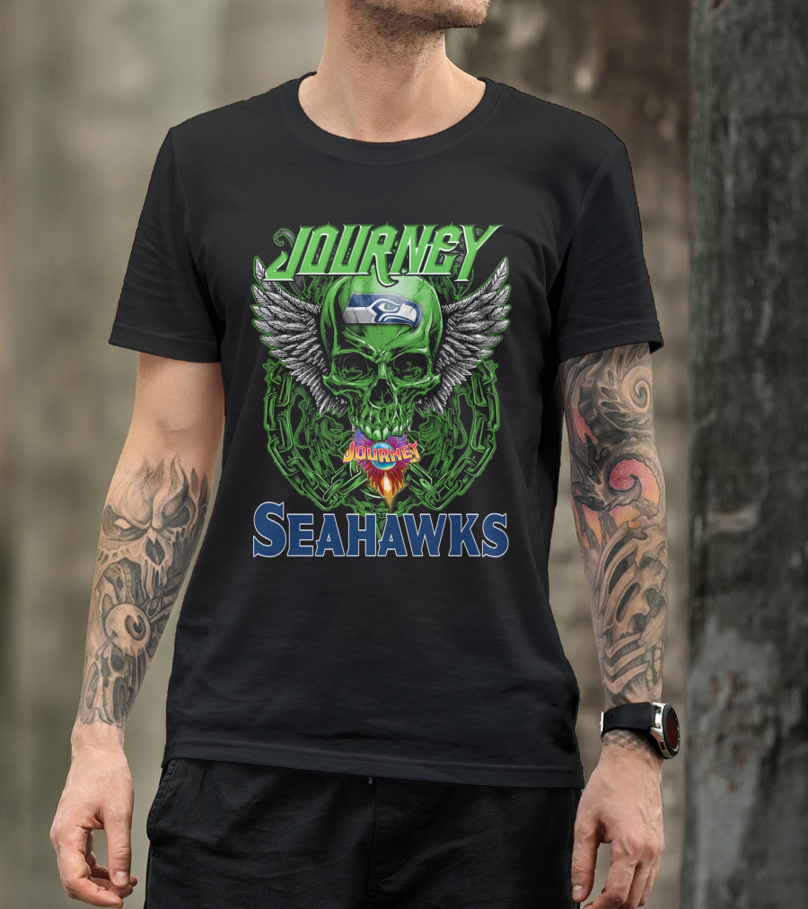 Journey Seattle Seahawks Skull With Wings And Chains T-Shirt