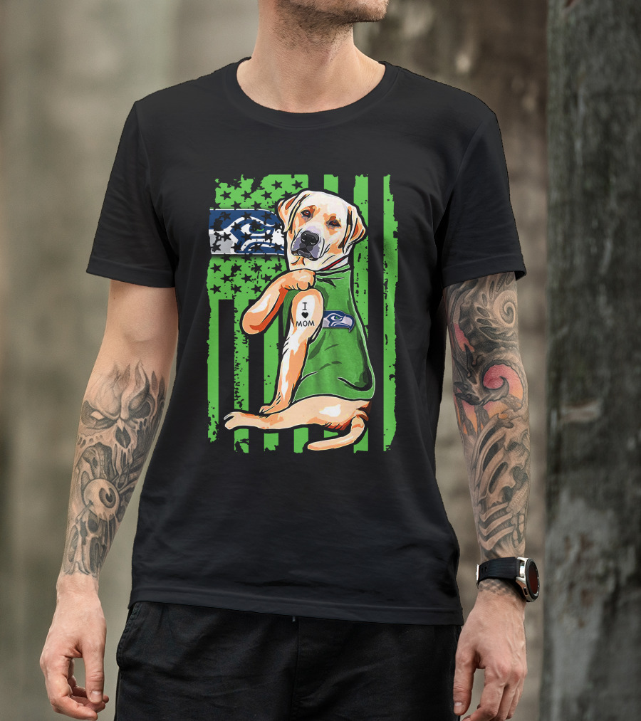 Labrador Retriever Seattle Seahawks Flag I Love Mom Tattoo T-Shirt