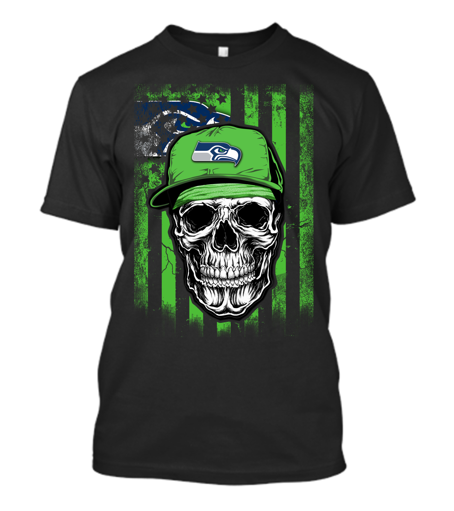 Skull In Seattle Seahawks Cap With Green Stripes And Team T-Shirt