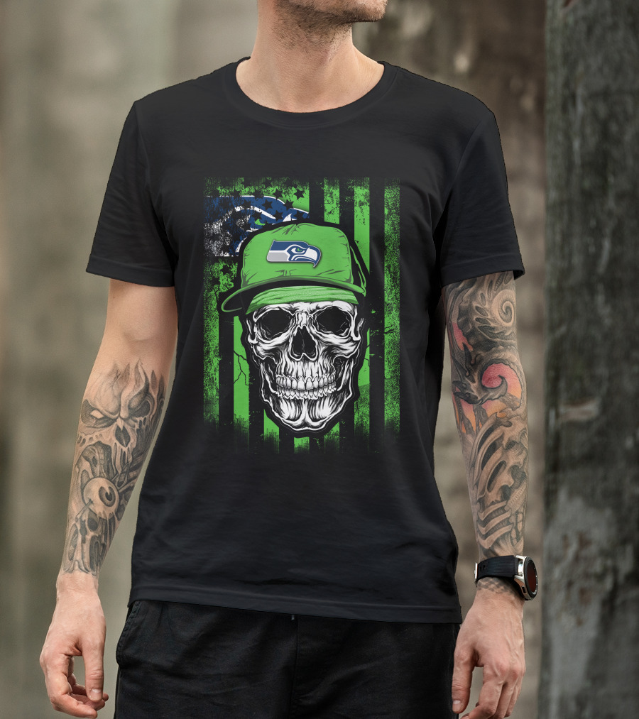 Skull In Seattle Seahawks Cap With Green Stripes And Team T-Shirt
