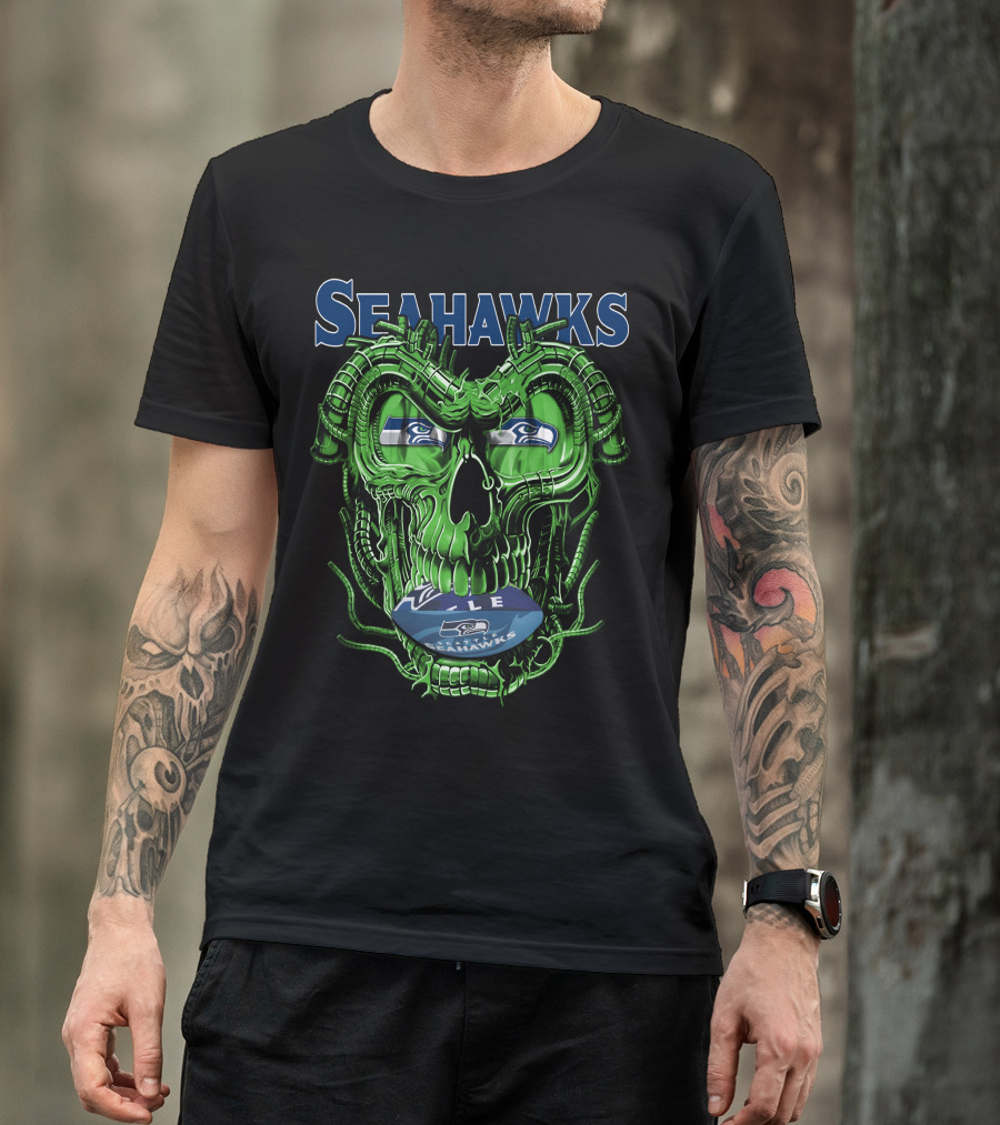 Dragonskull Seahawks Green Skull Design With Seattle Seahawks T-Shirt