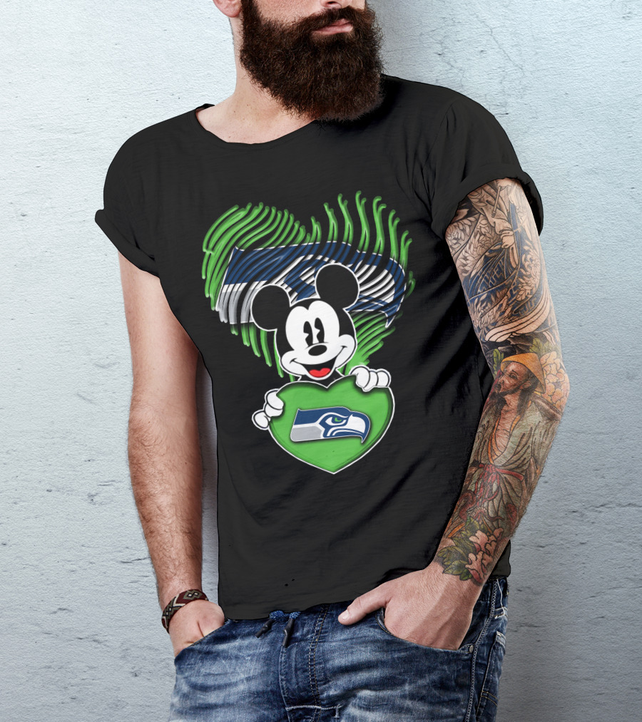 Mickey Mouse Heart Green With Seattle Seahawks T-Shirt