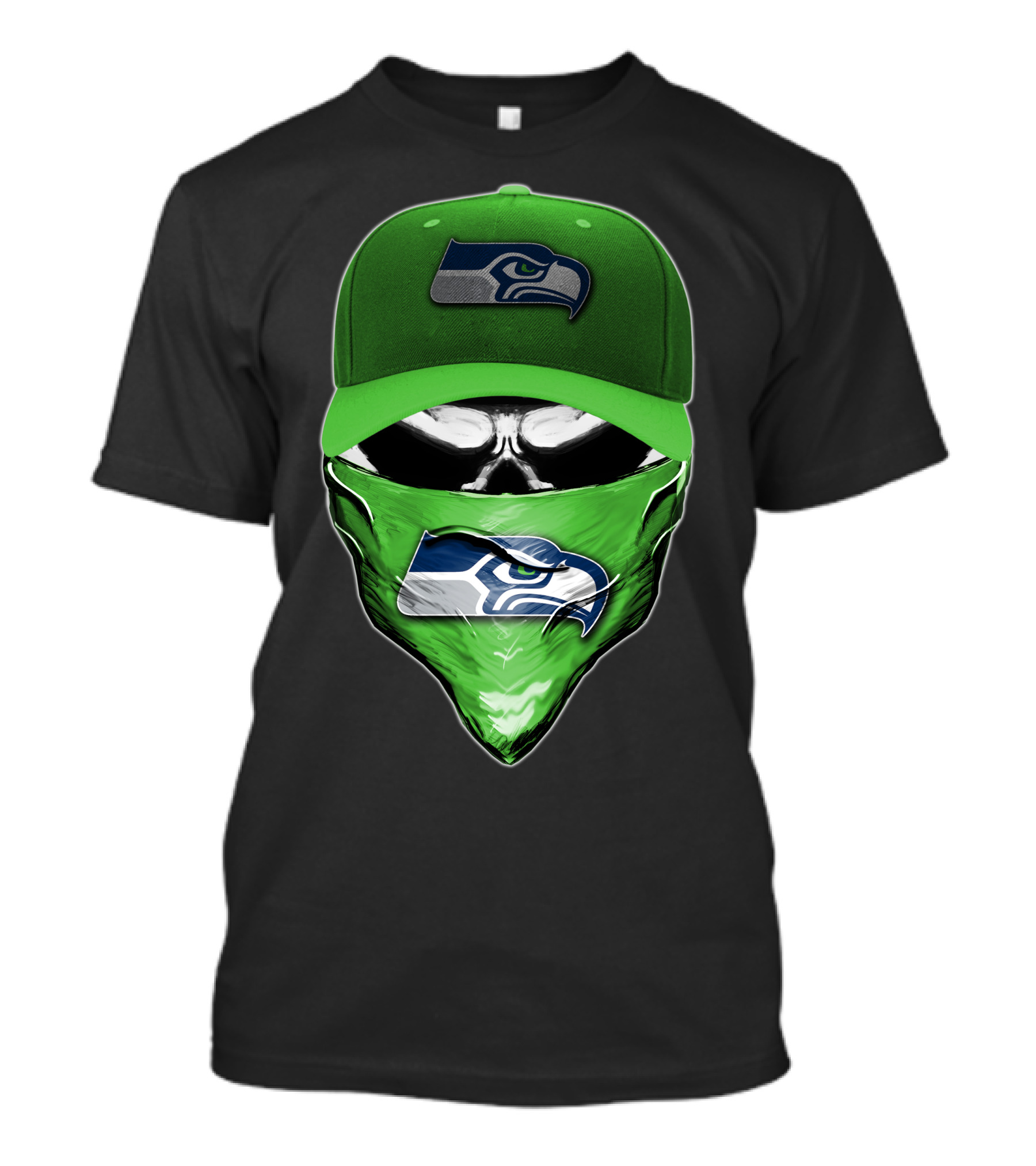 Skull V6 Seattle Seahawks Logo On Green Cap And Bandana T-Shirt