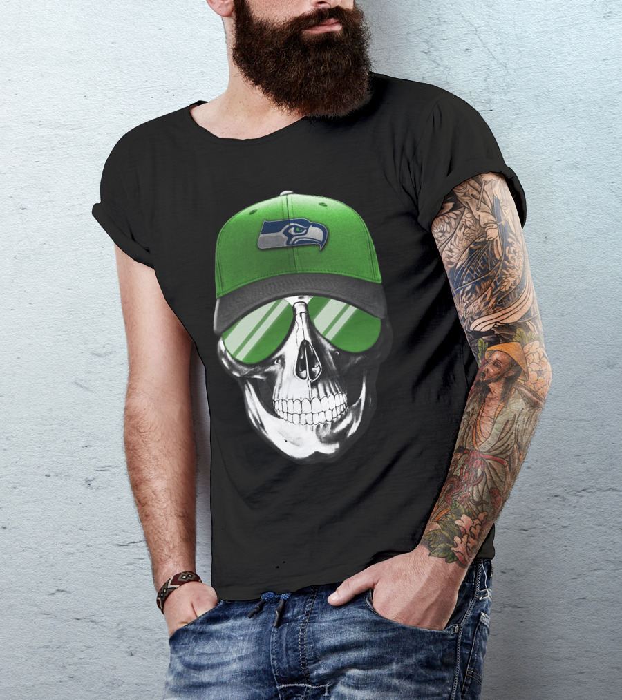 Skull V7 Seattle Seahawks Green Hat And Sunglasses T-Shirt