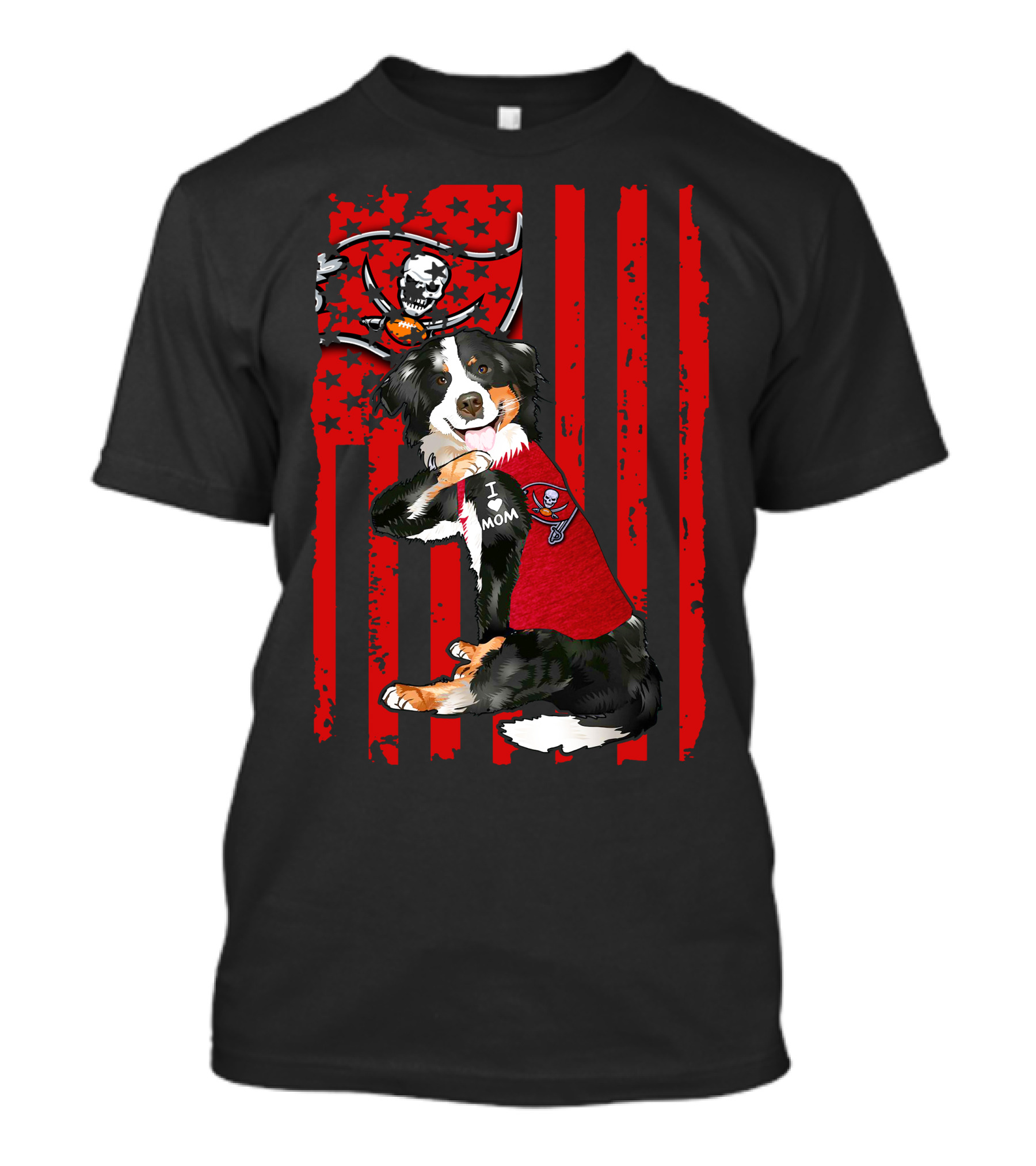 Border Collie In I Love Mom Shirt With Tampa Bay Buccaneers Flag T-Shirt
