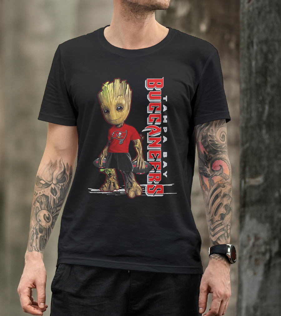 Groot In Tampa Bay Buccaneers Gear Standing With Football T-Shirt