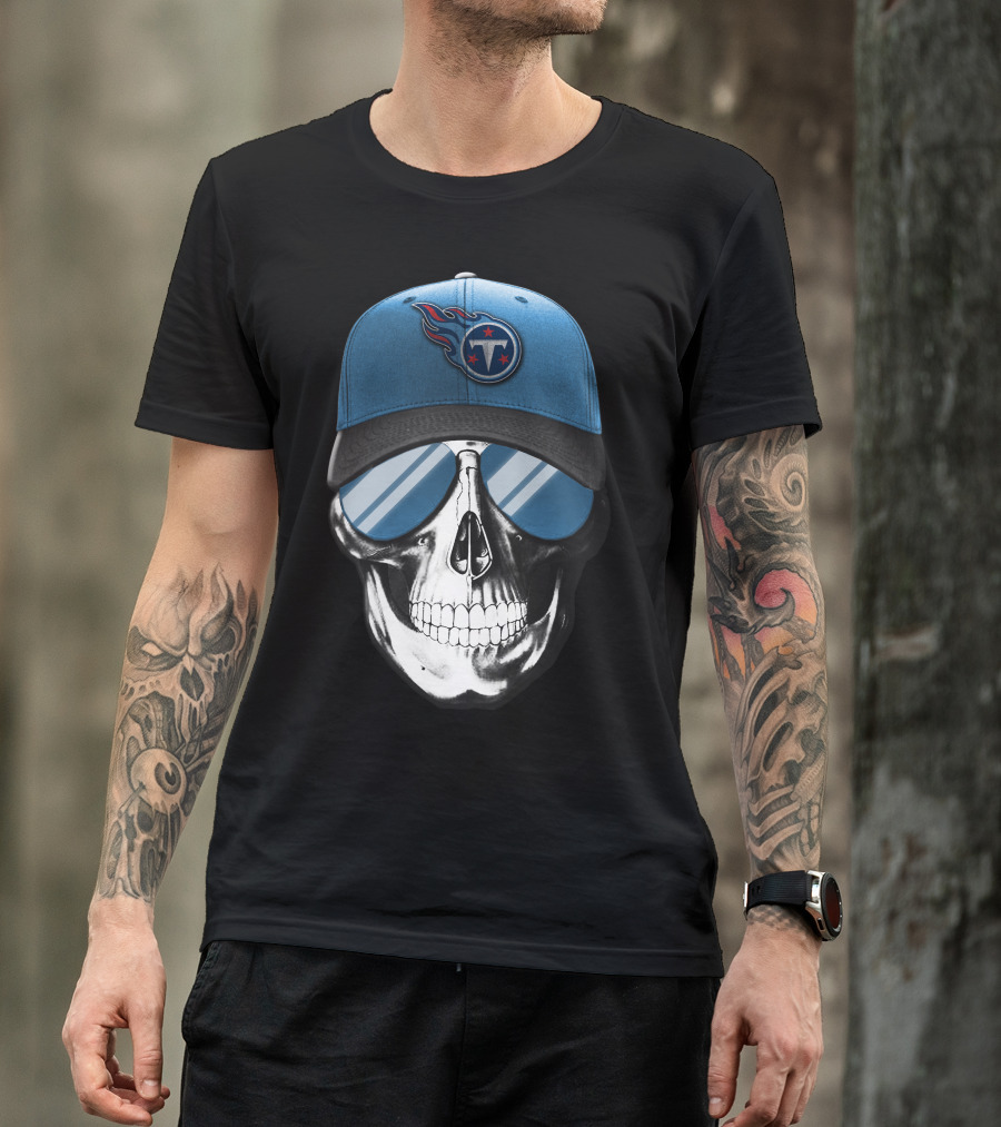 Skull With Tennessee Titans Logo Blue Cap And Sunglasses T-Shirt