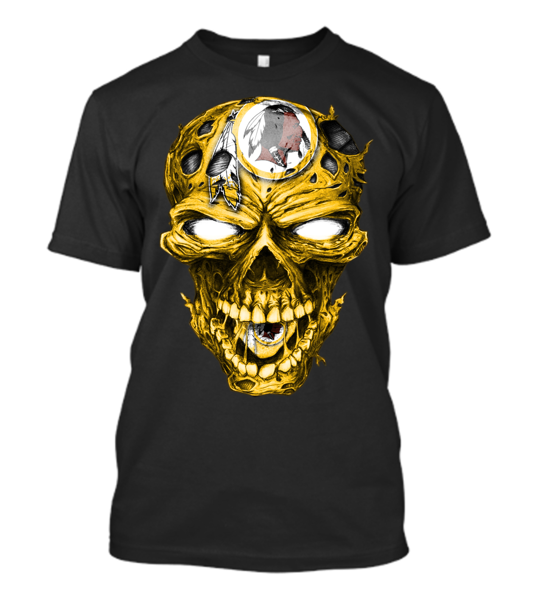 Skull V2 Washington Redskins Logo With Feather Headdress On Yellow Grinning Skull T-Shirt