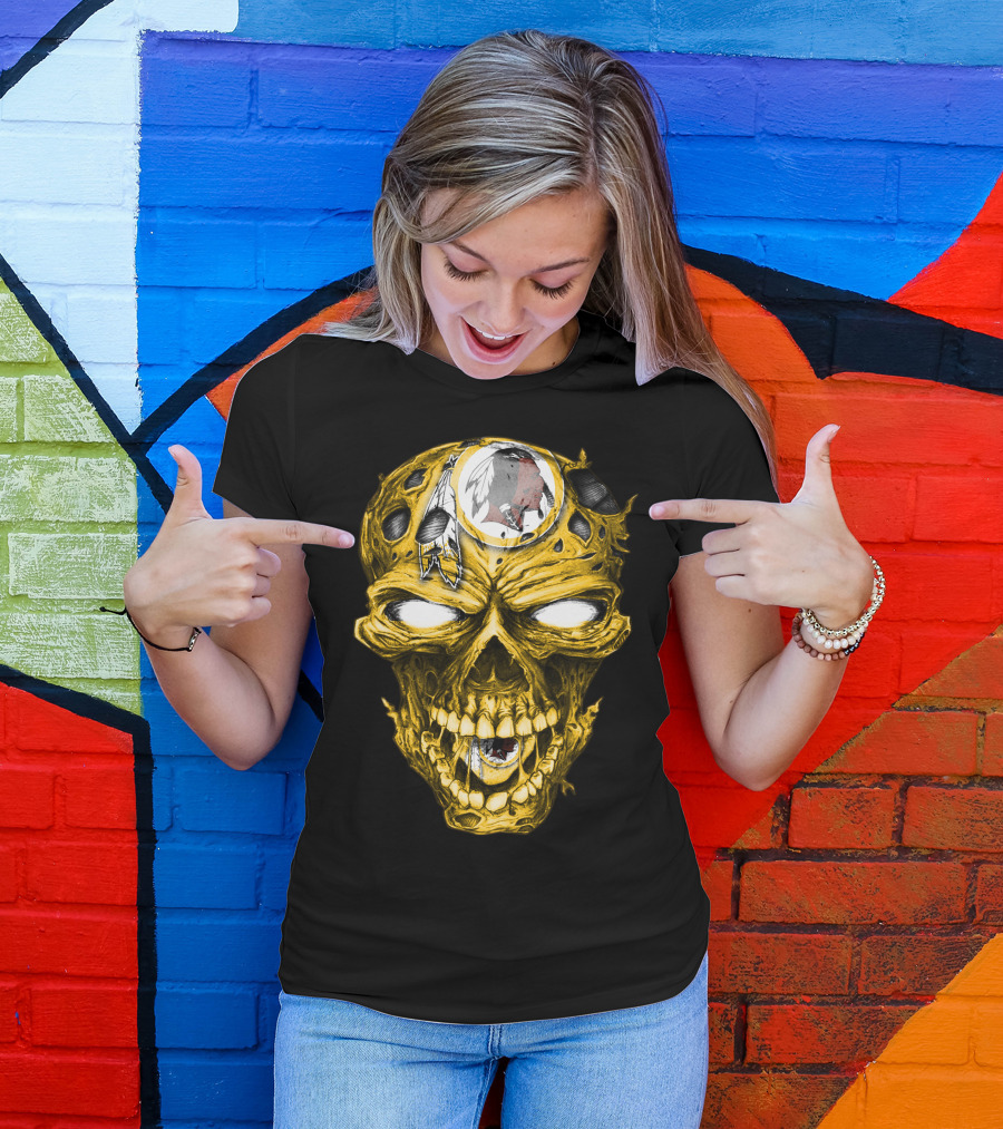 Skull V2 Washington Redskins Logo With Feather Headdress On Yellow Grinning Skull T-Shirt