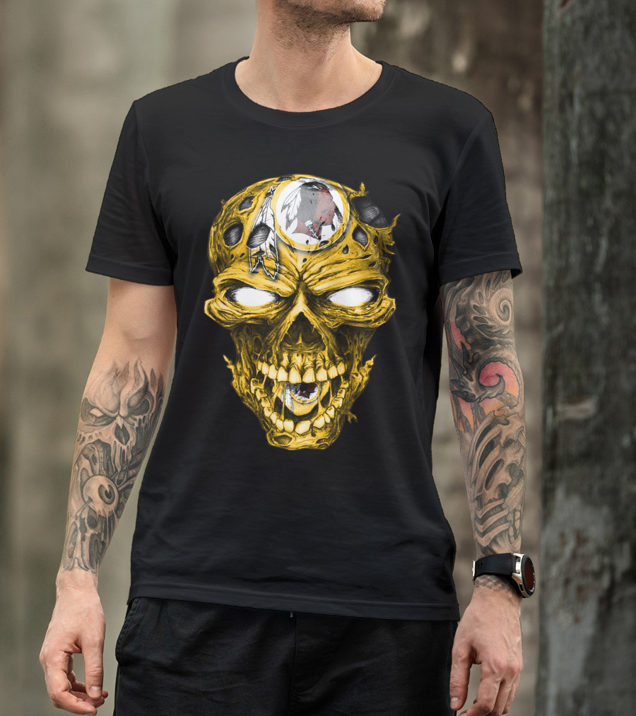 Skull V2 Washington Redskins Logo With Feather Headdress On Yellow Grinning Skull T-Shirt