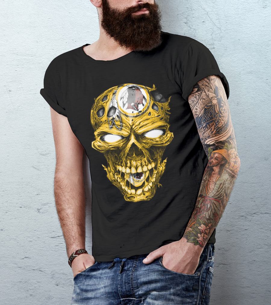 Skull V2 Washington Redskins Logo With Feather Headdress On Yellow Grinning Skull T-Shirt