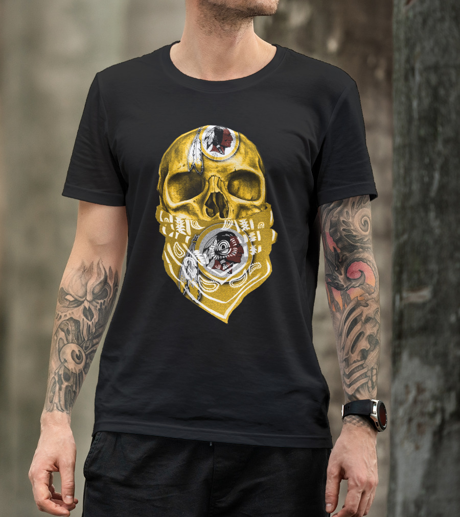 Skull Washington Redskins Logo With Yellow Bandana And Native American Symbolics T-Shirt