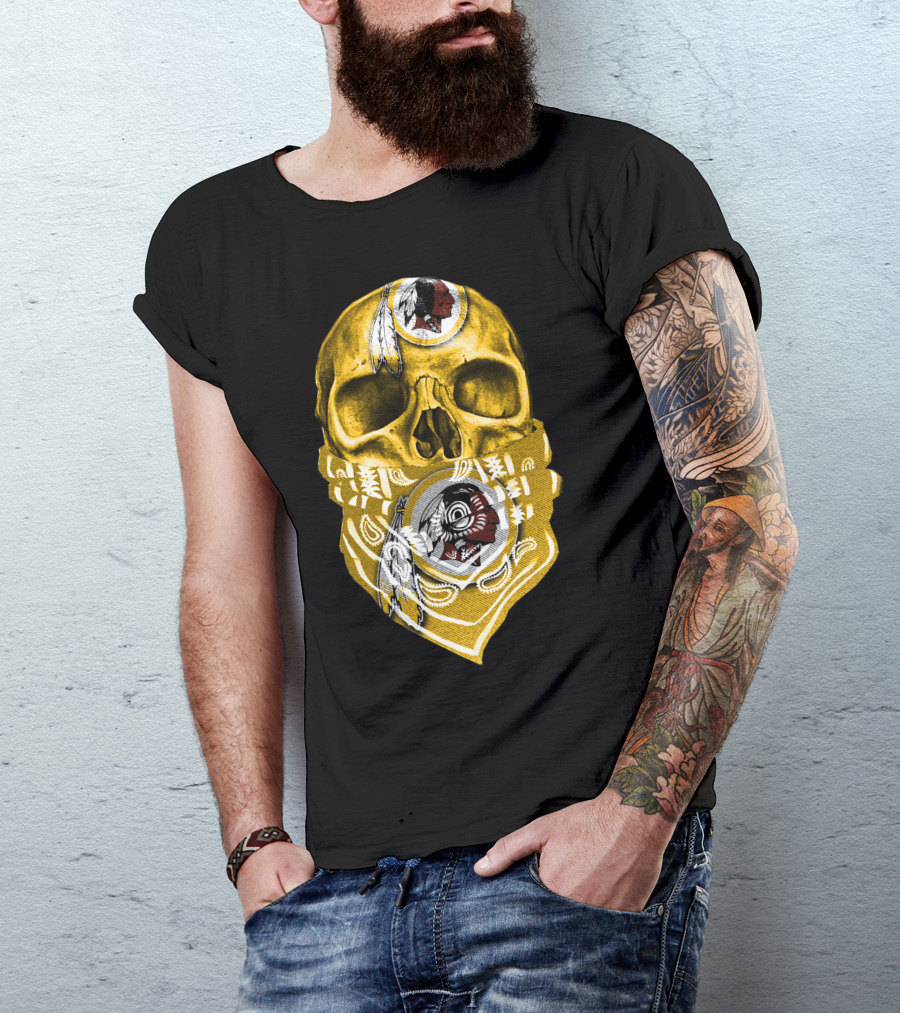Skull Washington Redskins Logo With Yellow Bandana And Native American Symbolics T-Shirt