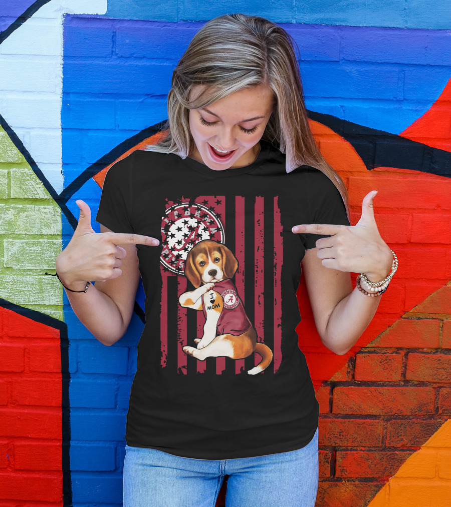 Beagle I Love Mom Alabama Crimson Tide Logo Usa Flag T-Shirt
