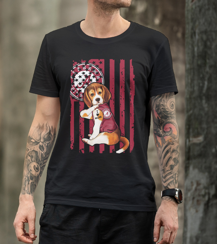 Beagle I Love Mom Alabama Crimson Tide Logo Usa Flag T-Shirt