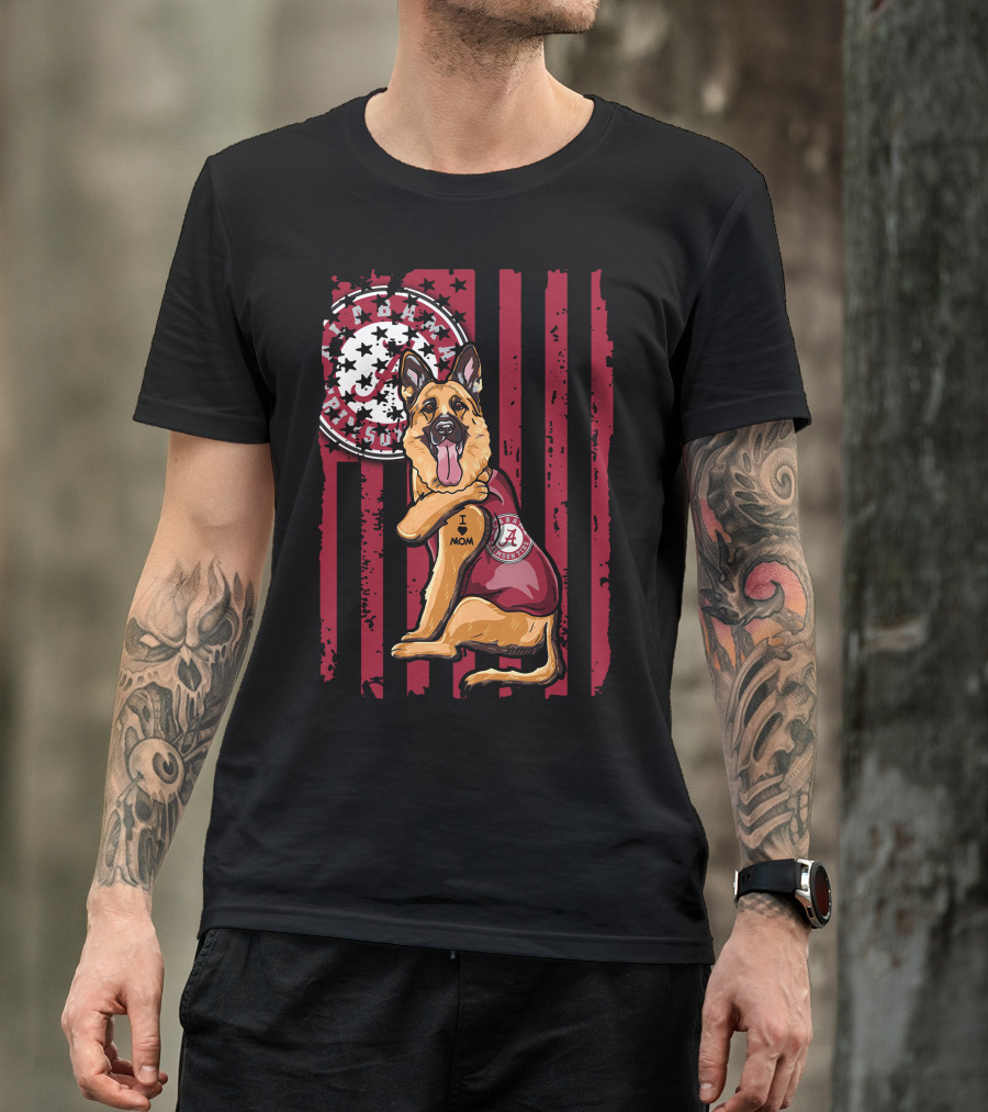 German Shepherd Alabama Crimson Tide Pride With I Love Mom Tattoo T-Shirt
