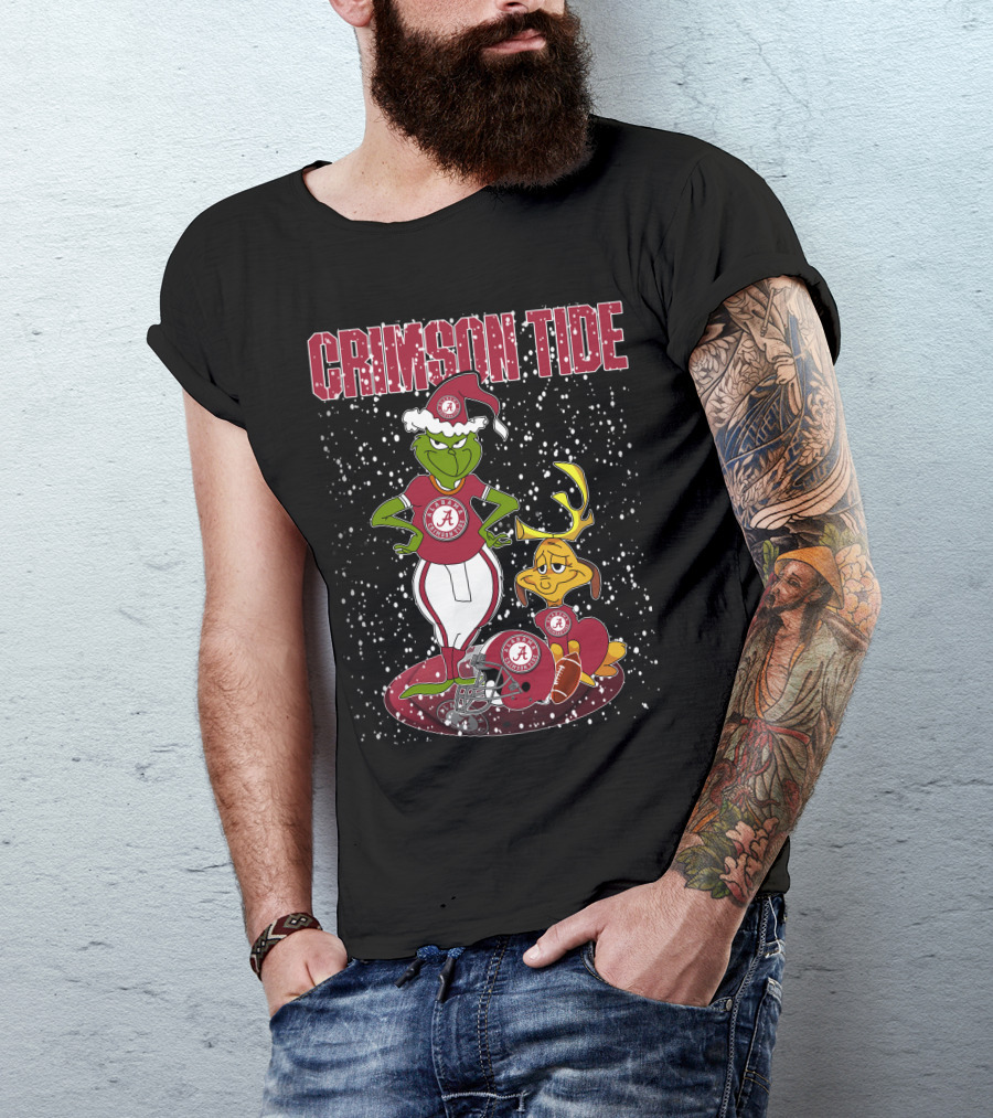 Grinchxmas Alabama Crimson Tide Holiday Cheer With Grinch And Reindeer In Snowy Scene T-Shirt