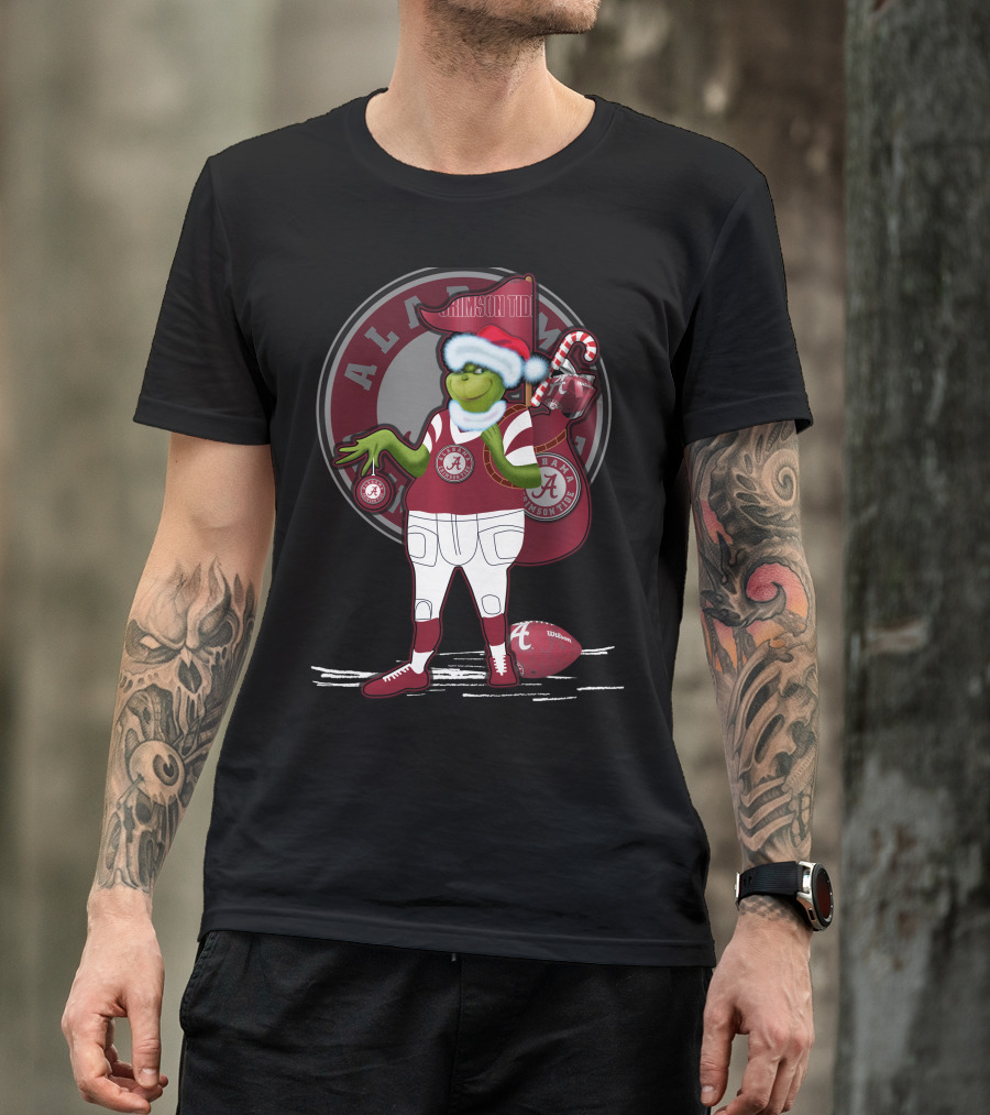Grinchxmas Alabama Crimson Tide Football Theme With Santa Hat And Candy Cane Bag T-Shirt