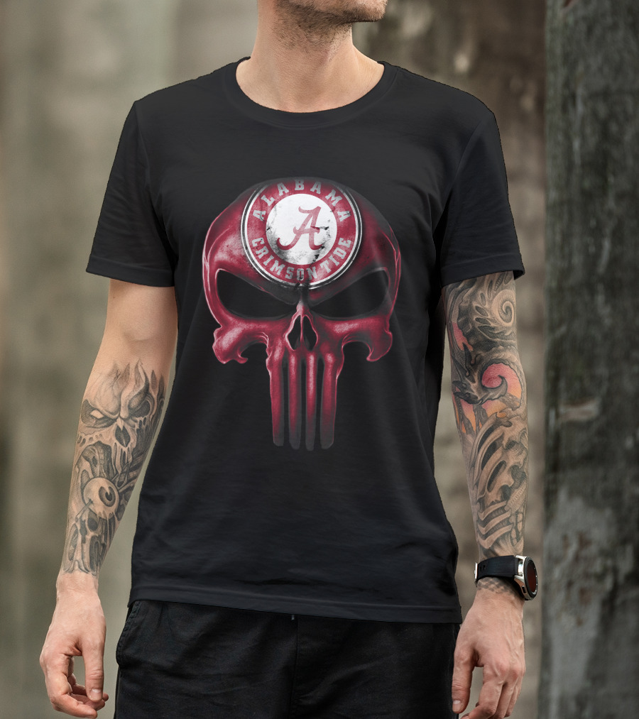 Skull Alabama Crimson Tide Logo Punisher Style T-Shirt