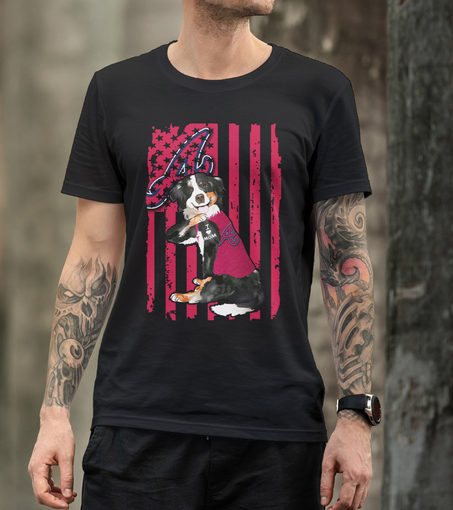 Border Collie I Love Mom Atlanta Braves A American Flag T-Shirt