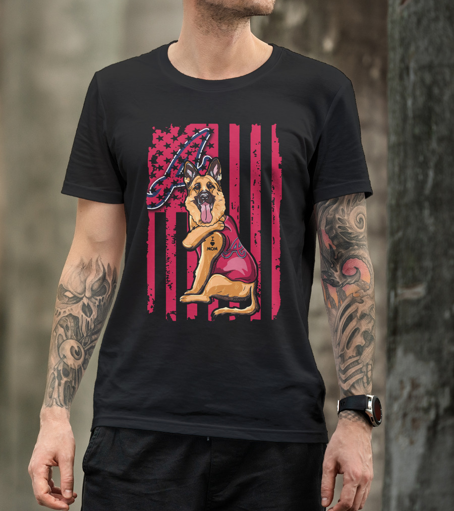 German Shepherd Wearing Atlanta Braves Jersey With A Logo And Flag Background T-Shirt