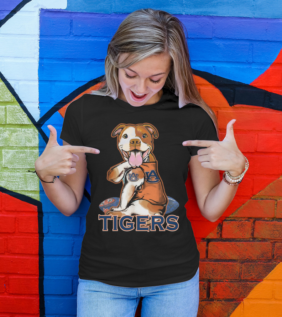 Pittbull Wearing Auburn Tigers Logo With Football T-Shirt