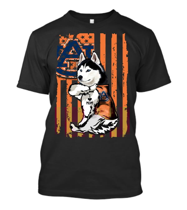 Siberian Husky Auburn Tigers Mom Heart Icon With Orange And Blue Flag T-Shirt
