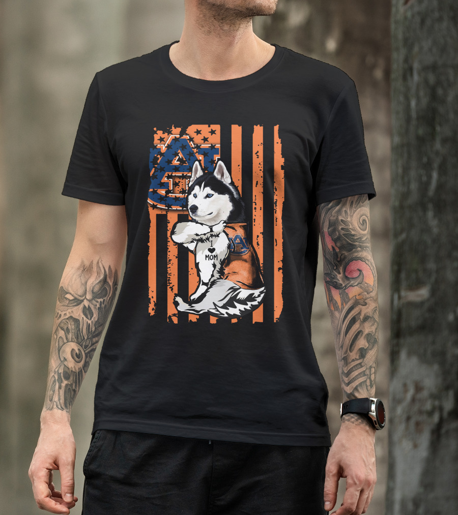 Siberian Husky Auburn Tigers Mom Heart Icon With Orange And Blue Flag T-Shirt