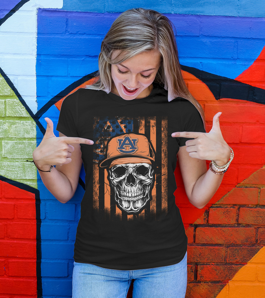 Skull V1 Auburn Tigers Au Logo Hat Orange Striped T-Shirt
