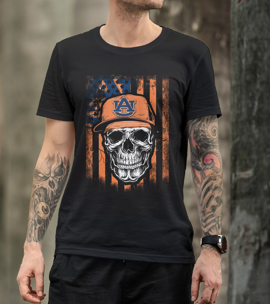 Skull V1 Auburn Tigers Au Logo Hat Orange Striped T-Shirt