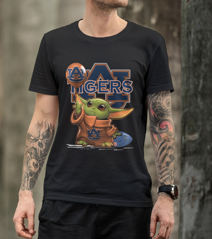 Yoda V1 Auburn Tigers Football Graphic Featuring Iconic Green Character And Au Logos T-Shirt