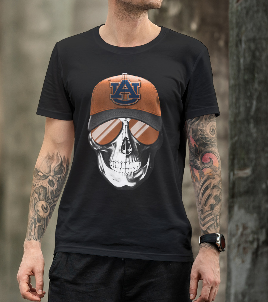 Skull V7 Auburn Tigers Hat And Sunglasses T-Shirt