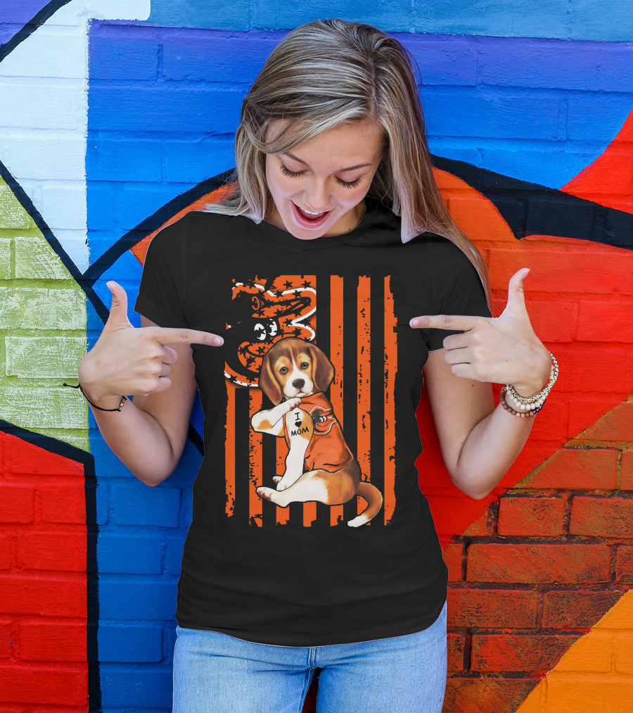 Beagle In Baltimore Orioles Orange With I Love Mom Tattoo And Stars And Stripes Background T-Shirt