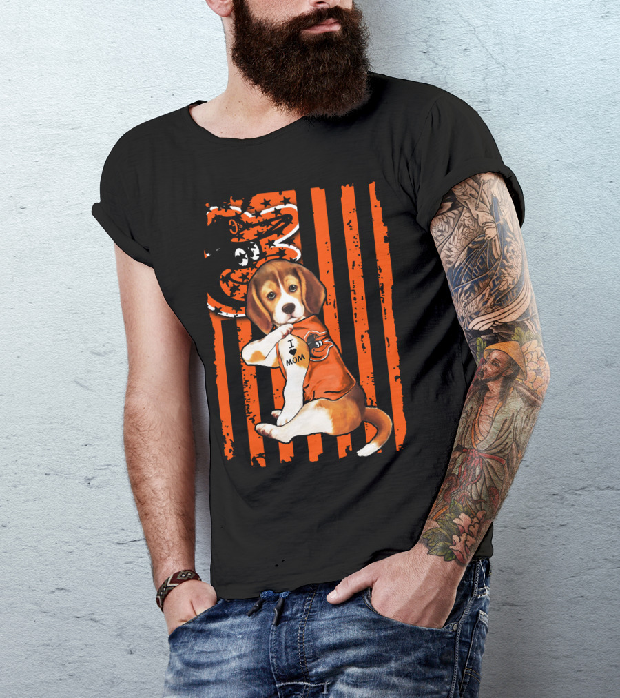 Beagle In Baltimore Orioles Orange With I Love Mom Tattoo And Stars And Stripes Background T-Shirt