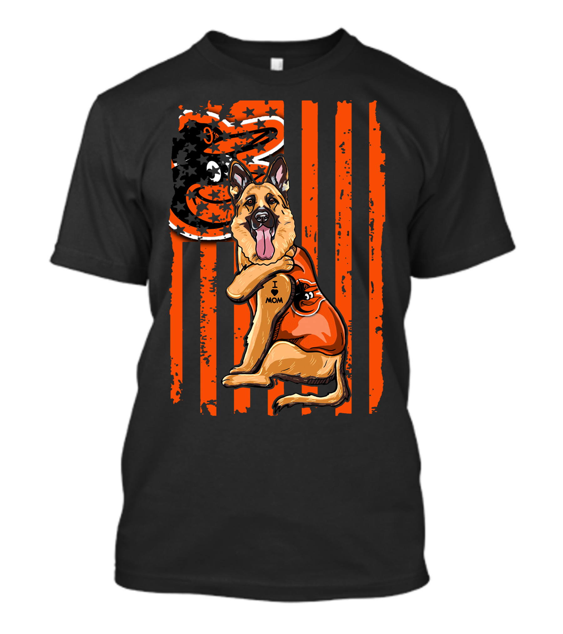 German Shepherd With Baltimore Orioles I Love Mom Tattoo Orange Stripes T-Shirt