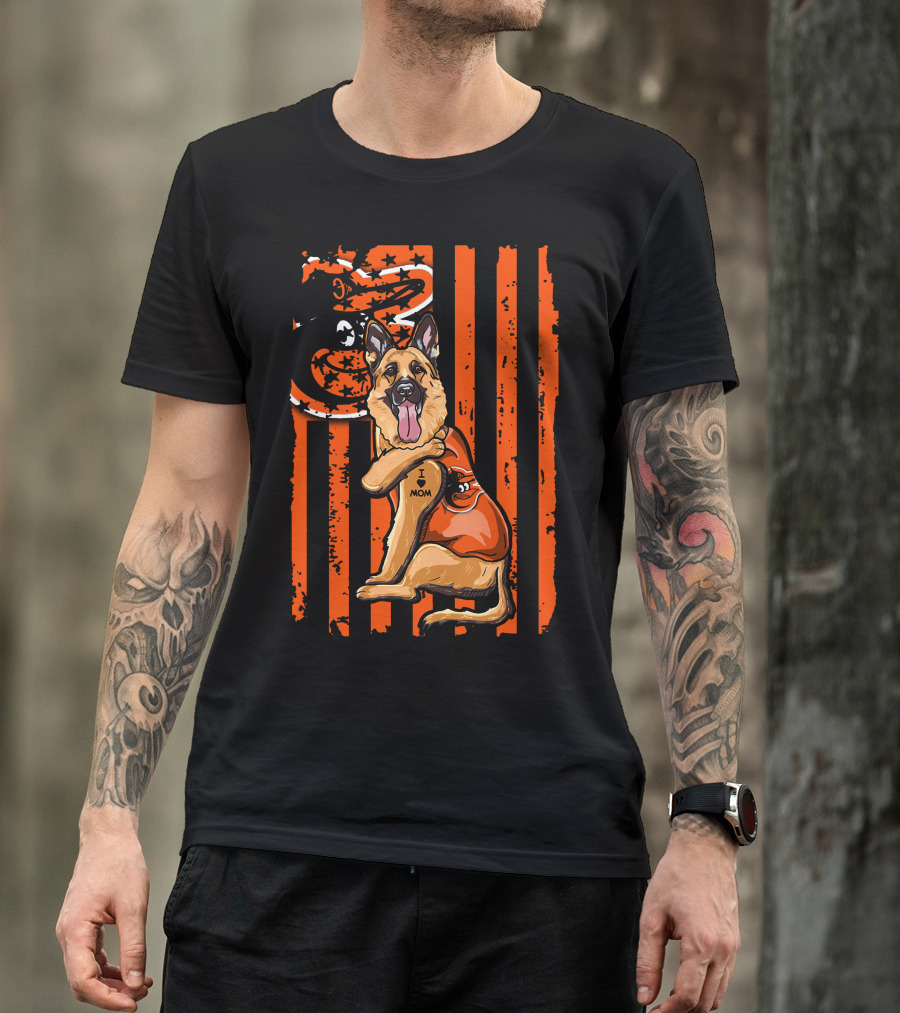 German Shepherd With Baltimore Orioles I Love Mom Tattoo Orange Stripes T-Shirt