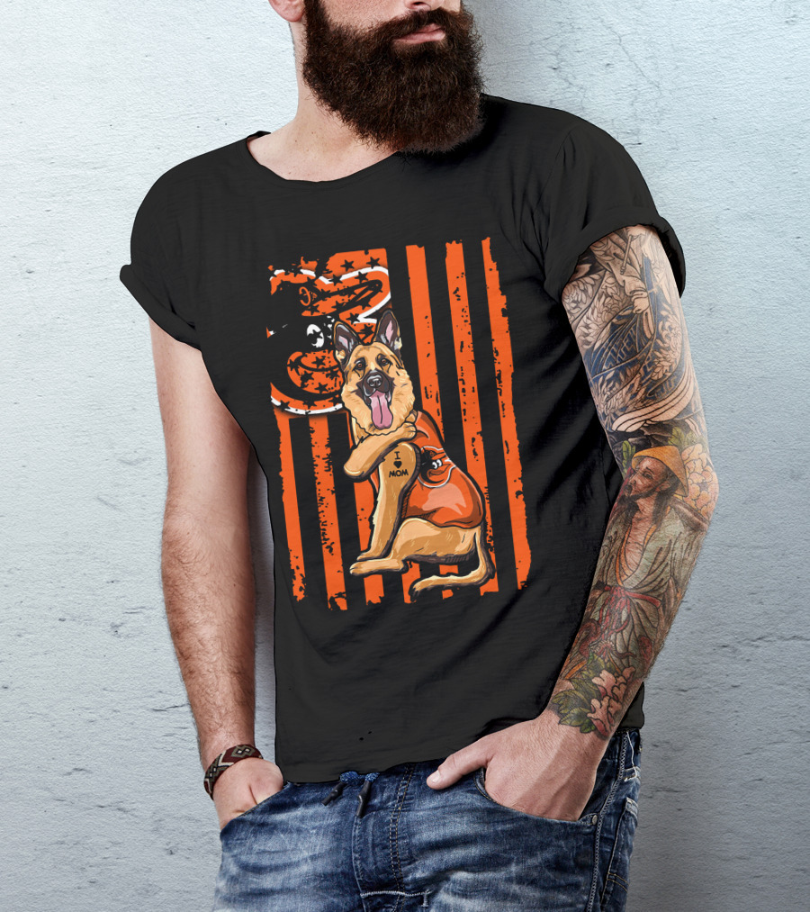 German Shepherd With Baltimore Orioles I Love Mom Tattoo Orange Stripes T-Shirt
