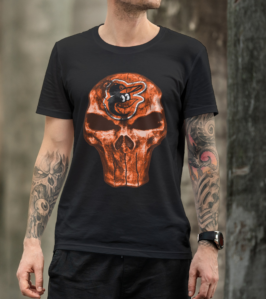 Skull V4 Baltimore Orioles Logo Grunge T-Shirt