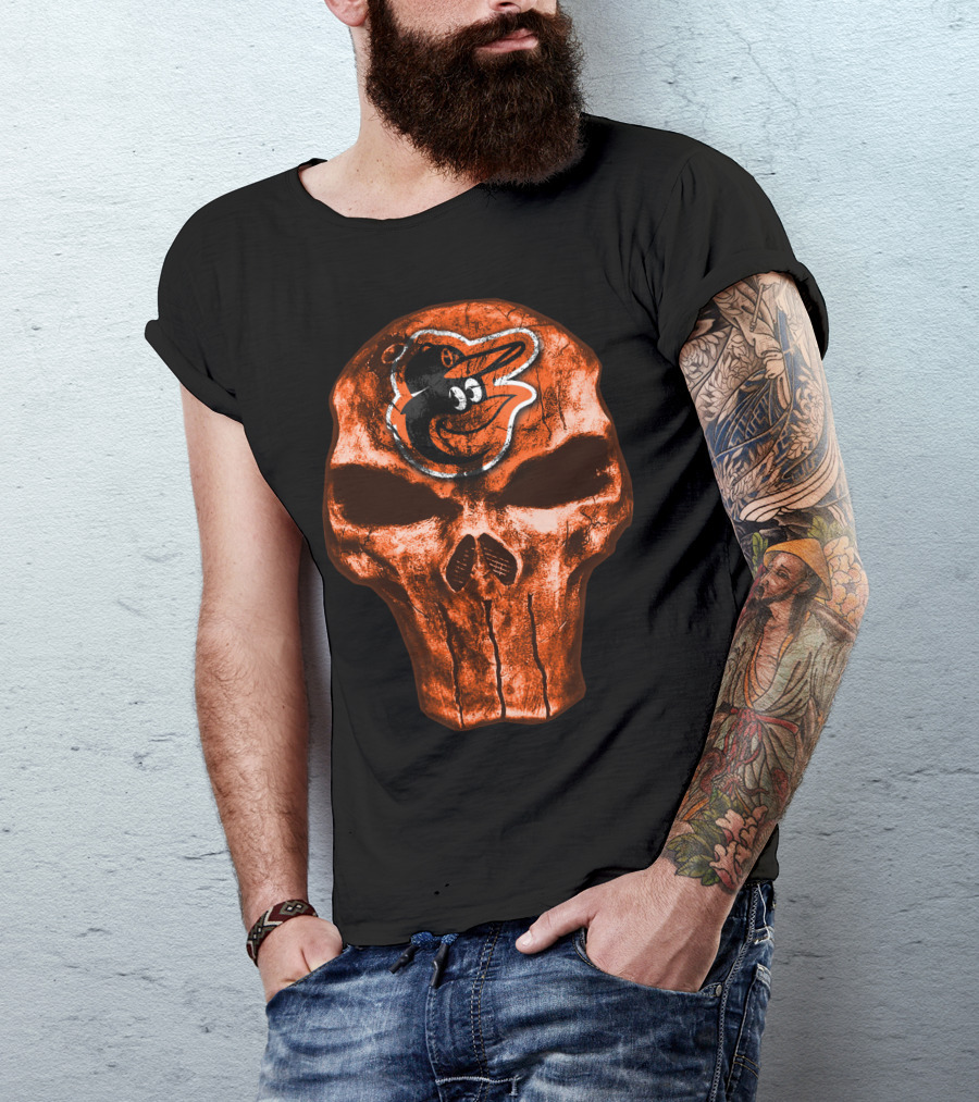 Skull V4 Baltimore Orioles Logo Grunge T-Shirt