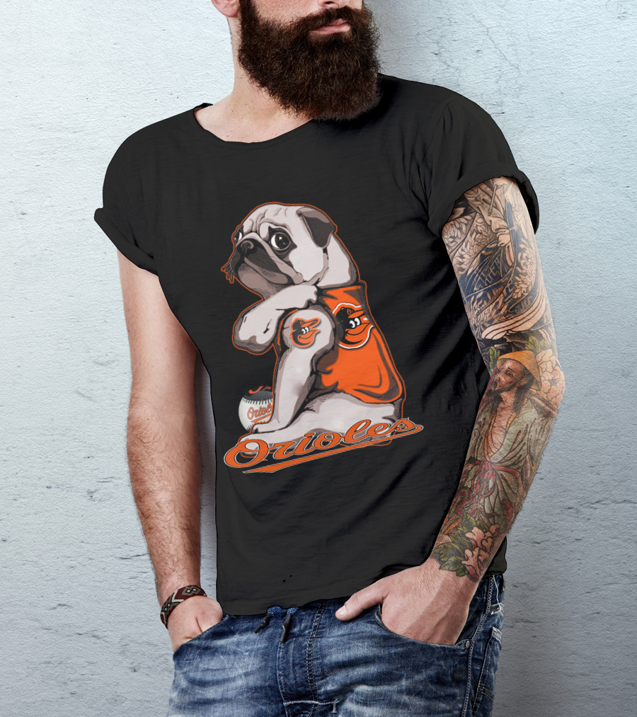 Pug Wearing Baltimore Orioles Jersey With Orioles Baseball T-Shirt